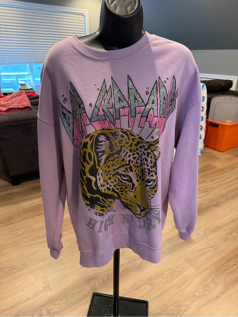 Lilac Leopard Graphic Def Leppard Crewneck Sweatshirt - Women